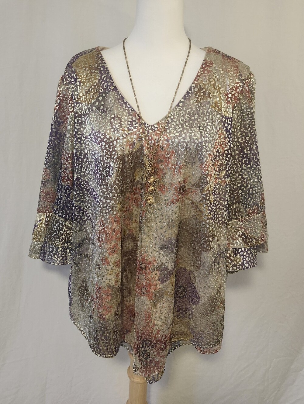 Women's Metallic Floral V-Neck Blouse in Multi With Detatchable Necklace - Picture 1 of 14